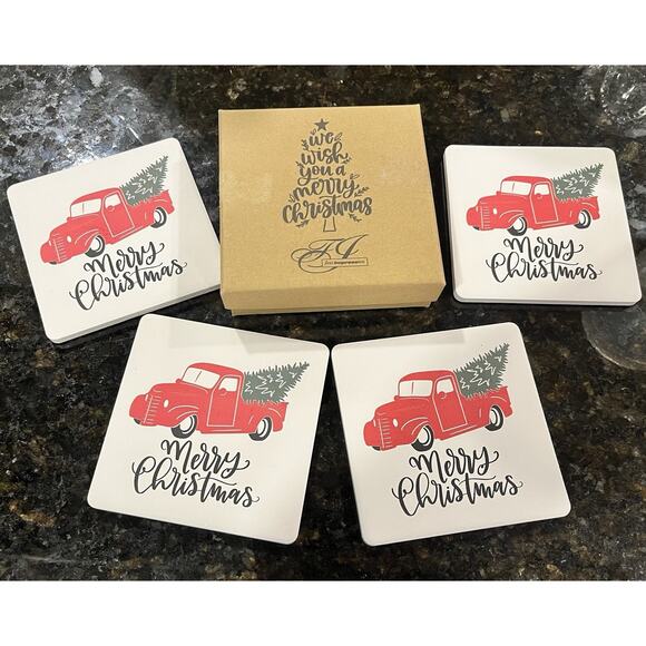 Red Truck Christmas Coaster Set - Picture 4 of 4